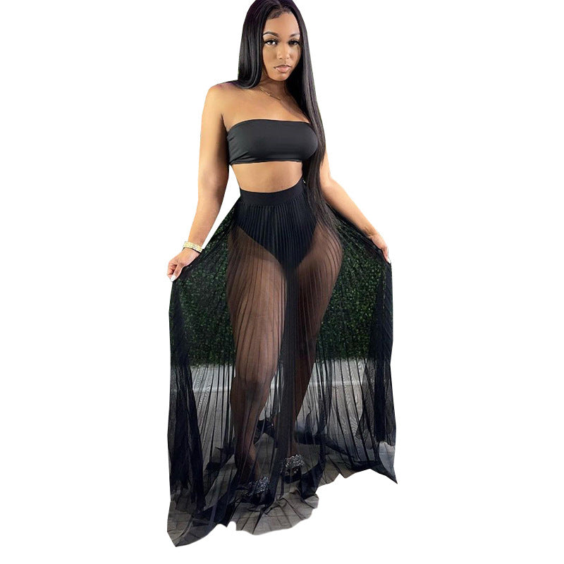 Three Piece Breast Wrapped Mesh Skirt