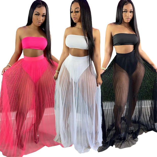 Three Piece Breast Wrapped Mesh Skirt
