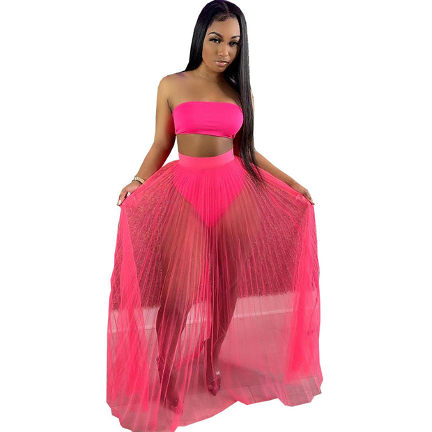 Three Piece Breast Wrapped Mesh Skirt