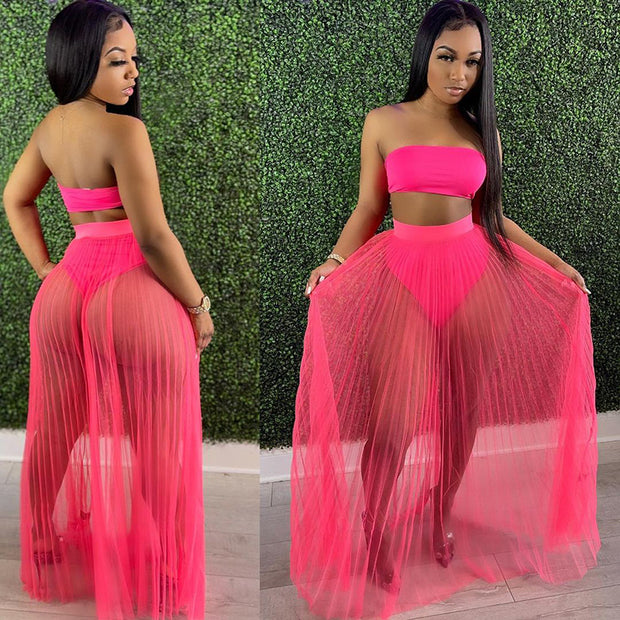 Three Piece Breast Wrapped Mesh Skirt