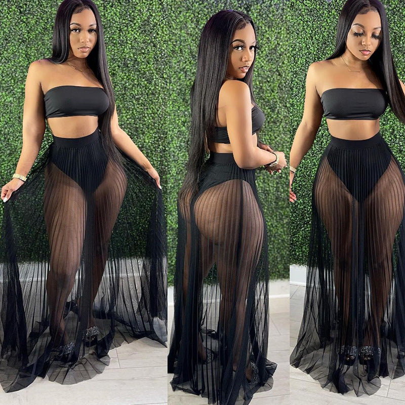 Three Piece Breast Wrapped Mesh Skirt
