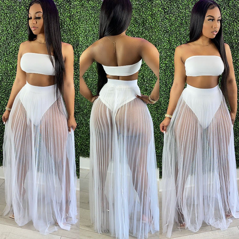Three Piece Breast Wrapped Mesh Skirt