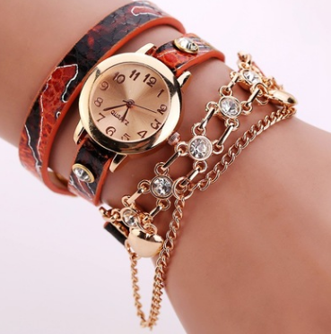 Leather Rhinestone Rivet Chain Quartz Watch