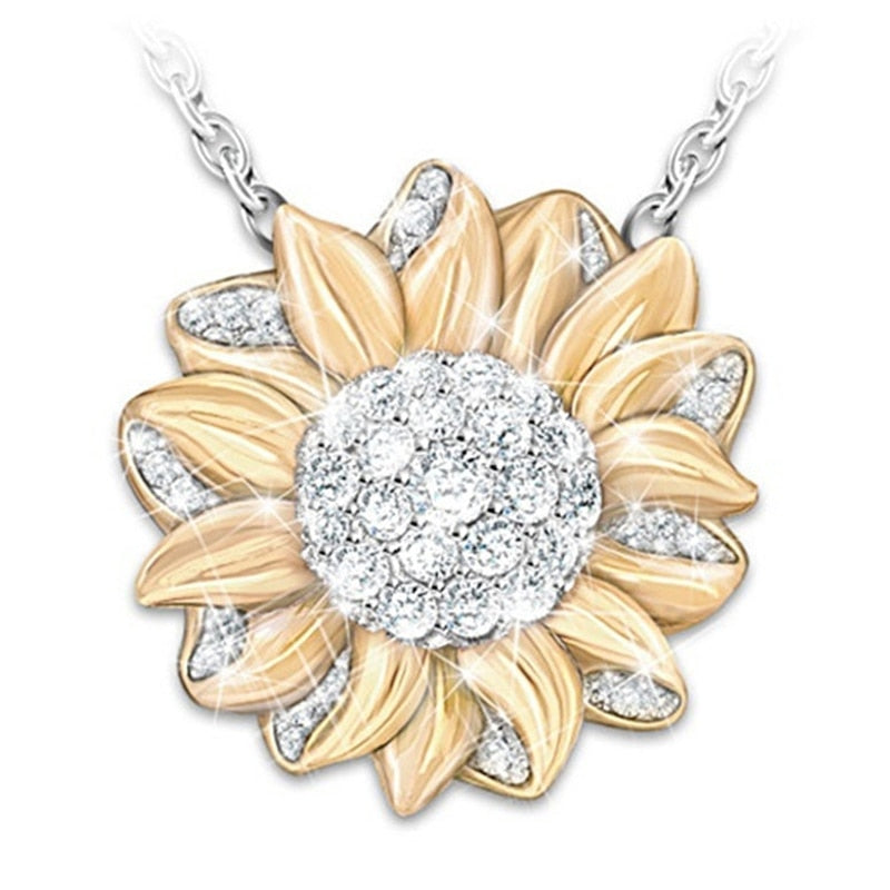 Golden Sun Flower Necklace with Crystals