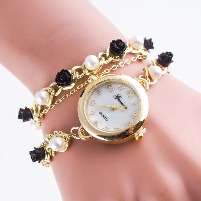 Black Pearl Flower Lady Wrist Watch